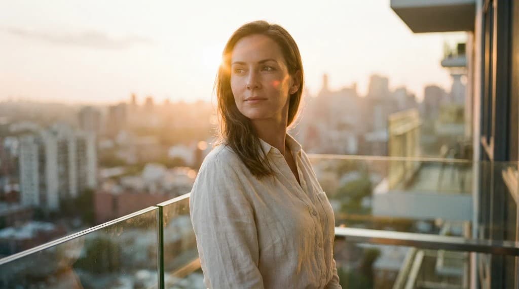 Woman looking out at city skyline at sunrise